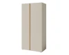 Schmaler zweitüriger Kleiderschrank in Beige mit vertikaler Griffleiste in Holzoptik.