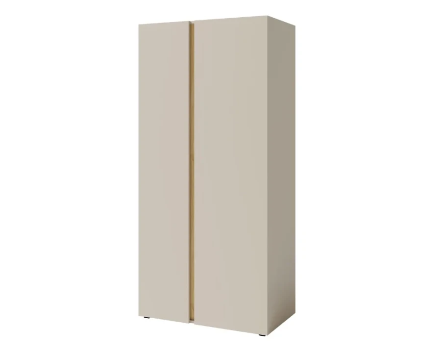 Schmaler zweitüriger Kleiderschrank in Beige mit vertikaler Griffleiste in Holzoptik.