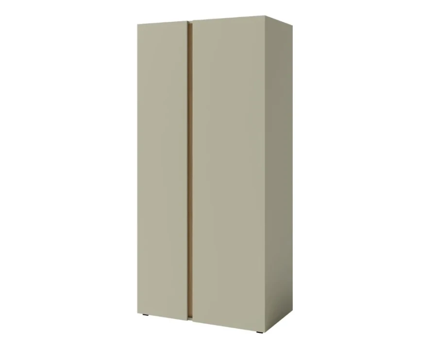 Moderner beiger Kleiderschrank mit vertikalem Holzelement und minimalistischem Design.