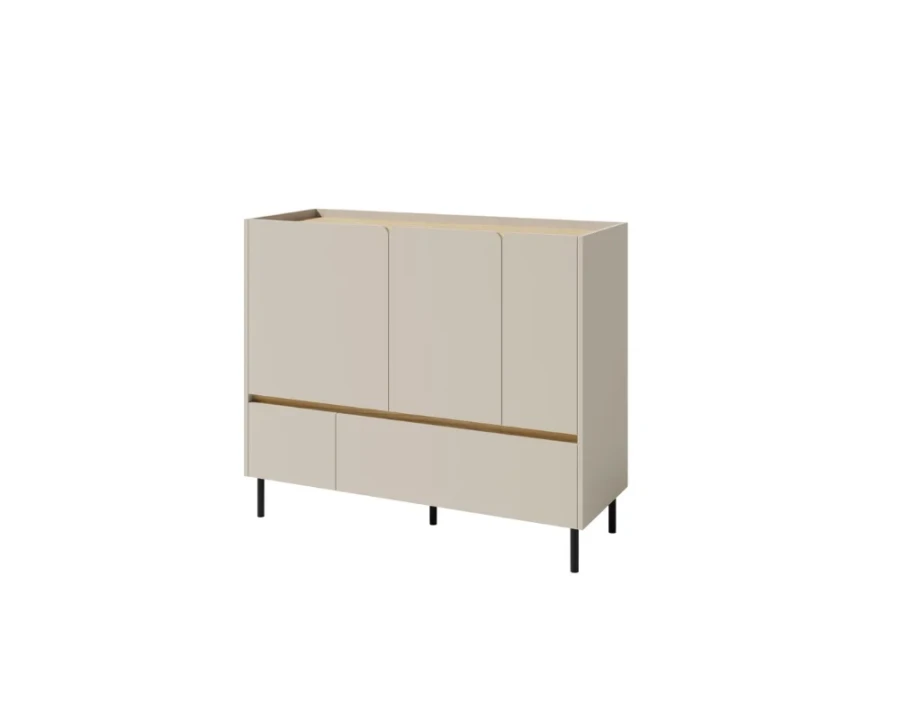 Modernes beiges Sideboard mit schwarzen Metallbeinen und Holzakzenten für das Wohnzimmer.
