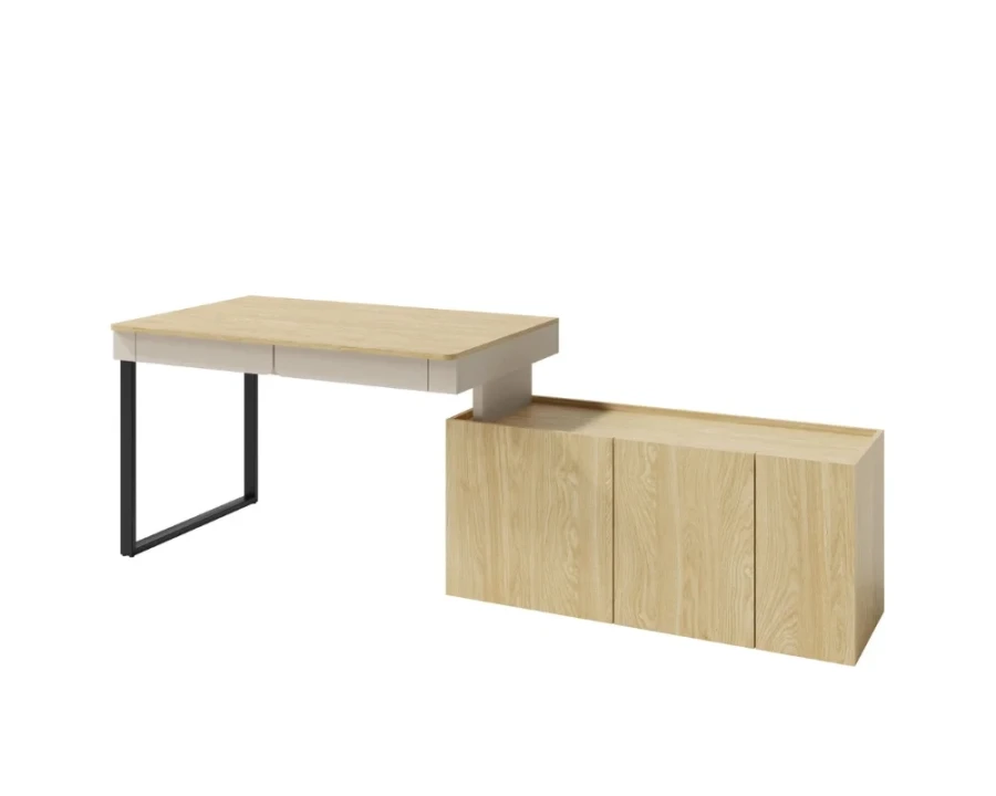 Moderner Eckschreibtisch in Eiche und Beige mit integriertem Sideboard für das Home Office.