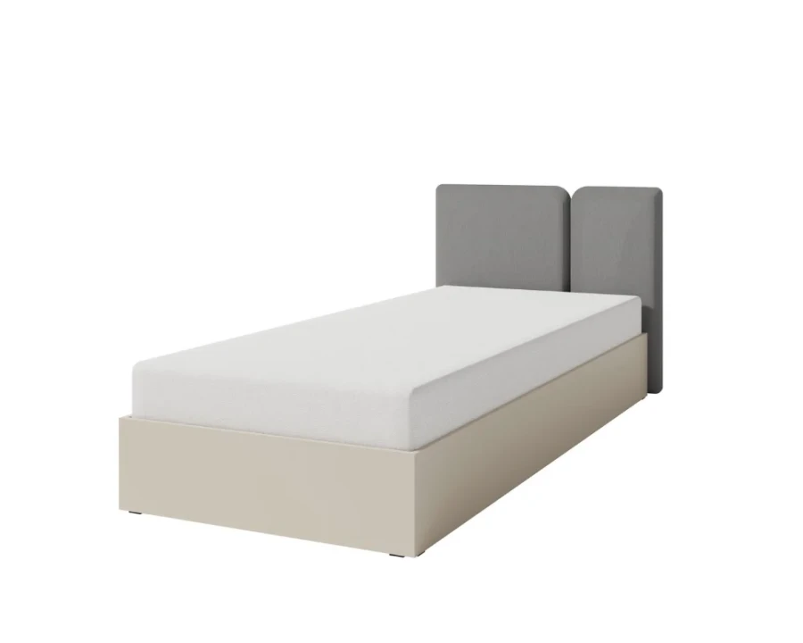 Modernes Einzelbett mit beigem Rahmen und zweigeteiltem grauen Polsterkopfteil.