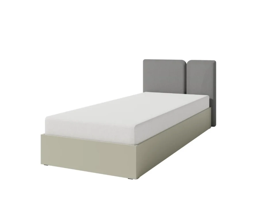 Modernes Einzelbett mit grauem gepolstertem Kopfteil und hellem Bettrahmen für das Schlafzimmer.