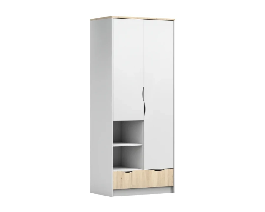 Zweitüriger Kleiderschrank in Weiß und Eiche mit offenen Fächern und Schublade.