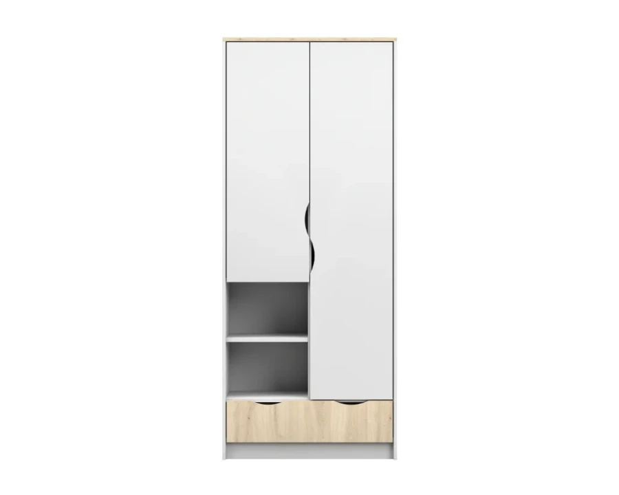 Moderner Kleiderschrank in Weiß und Eiche mit zwei Türen und Schublade für das Kinderzimmer.
