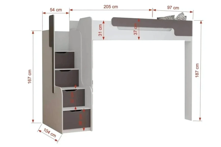 Maßskizze für ein weißes Kinderhochbett mit Treppe und Stauraum-Schubladen.