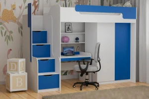 ARTHUR 90x200 Weiß + Blau Hochbett Funktionsbett Etagenbett mit Schreibtisch, Schrank und Treppe Deine Möbel