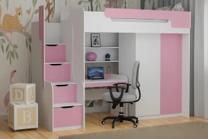 ARTHUR 90x200 Weiß + Pink Hochbett Funktionsbett Etagenbett mit Schreibtisch, Schrank und Treppe Deine Möbel