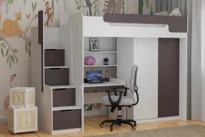 ARTHUR 90x200 Weiß + Graphit Hochbett Funktionsbett Etagenbett mit Schreibtisch, Schrank und Treppe Deine Möbel
