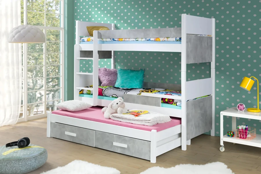 Weiß-graues Etagenbett für Kinder mit drittem Ausziehbett und praktischen Schubladen für mehr Stauraum.