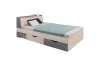 Modernes Jugendbett in Eiche-Optik mit grauen Schubladen und Stauraum.