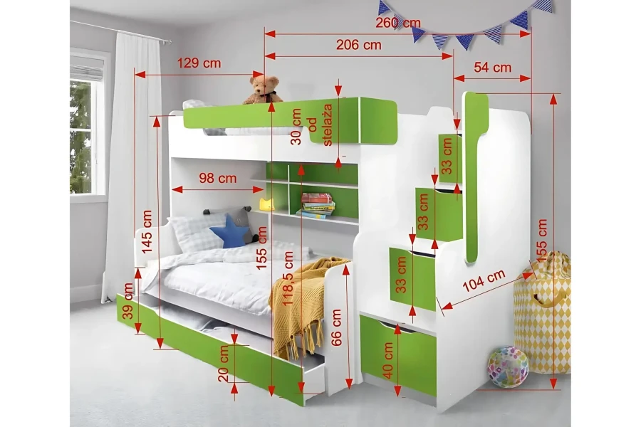 Weiß-grünes Etagenbett mit Maßen, Treppenregal und ausziehbarem Gästebett für das Kinderzimmer.