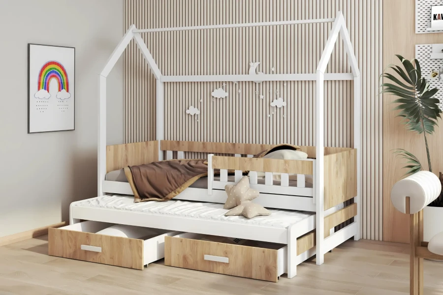 Weißes Hausbett aus Holz für Kinder mit ausziehbarem Gästebett und zwei Schubladen.