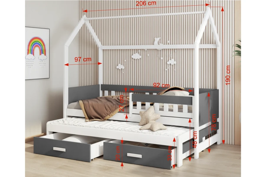 Maßangaben für ein modernes Hausbett in Grau und Weiß mit integriertem Stauraum.