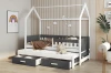 Weiß-graues Hausbett für Kinder mit zusätzlichem Gästebett und Stauraum.