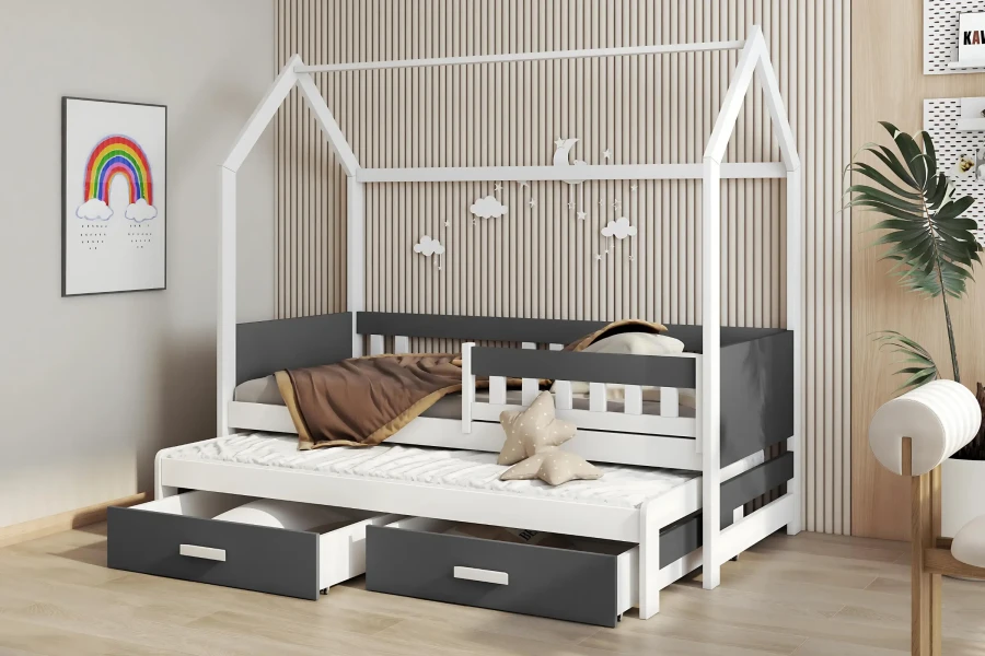 Weiß-graues Hausbett für Kinder mit zusätzlichem Gästebett und Stauraum.