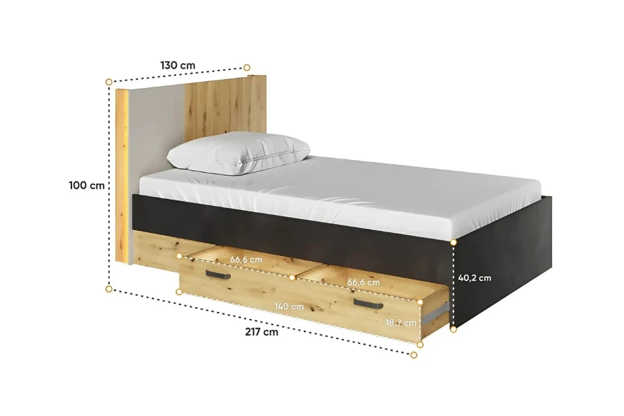 Maße und Abmessungen für das Jugendbett: 217x130 cm mit Details zu den praktischen Bettschubladen.