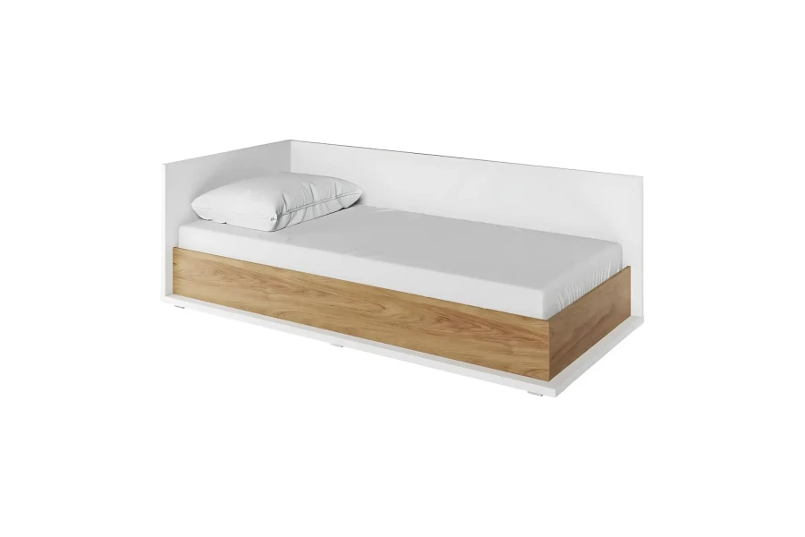 Schlichtes weißes Bett mit Holzdekor und Matratze, Ansicht von links für Kinderzimmer.