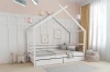 Weißes Hausbett für Kinder mit Schubladen und Lattenrost im modernen Kinderzimmer.