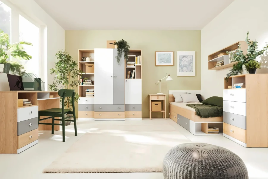 Komplette Jugendzimmer-Einrichtung in Weiß und Eiche-Optik mit viel Stauraum.