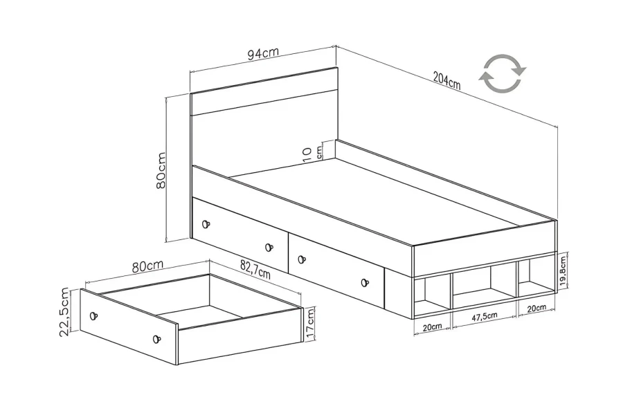 Maßzeichnung für Jugendbett 90x200 cm mit detaillierten Abmessungen der Schubladen.
