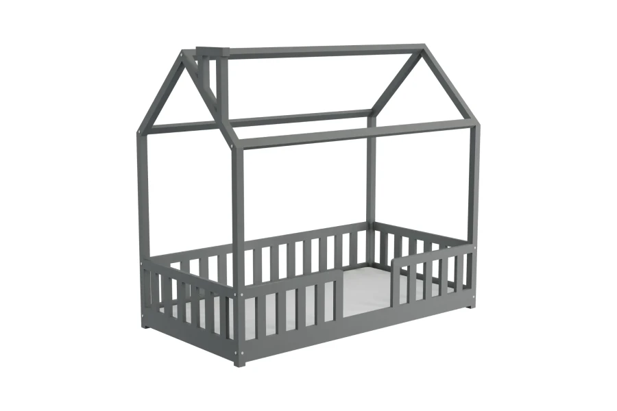 Modernes Kinderbett in Hausform aus grau lackiertem Holz mit Sicherheitsgitter.