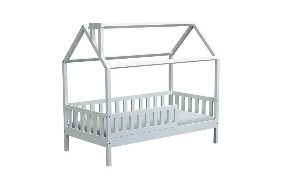Simple white house bed for children made of wood with integrated safety rail.