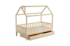 Massivholz Kinderbett in Hausform mit ausziehbaren Bettkästen in natürlicher Kiefernoptik.