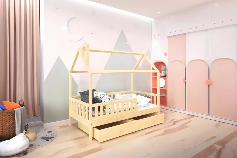 Modernes Kinderbett im Hausdesign aus Kiefernholz mit Schubladen vor einer Bergwand-Deko.