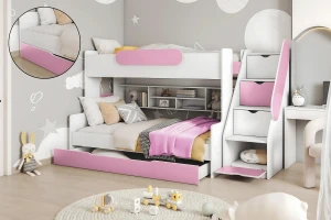 SALLY 90x200/120x200 Weiß + Pink Etagenbett Funktionsbett mit Treppe Deine Möbel