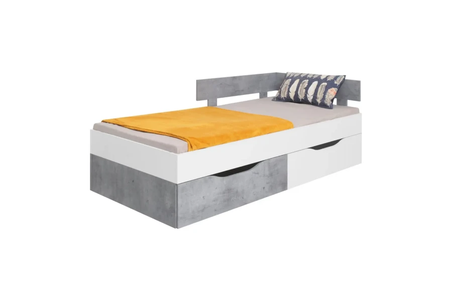 Modernes Jugendbett in Weiß und Grau mit praktischen Bettschubladen und gelber Decke.