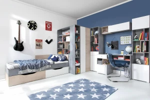 SIMON S15 90x200 Weiß + Grau + Eiche Kinderbett Einzelbett mit Schubladen Deine Möbel