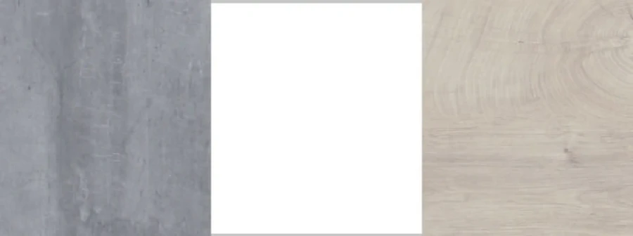 Materialproben für Möbel in Betonoptik, Weiß und heller Eiche.