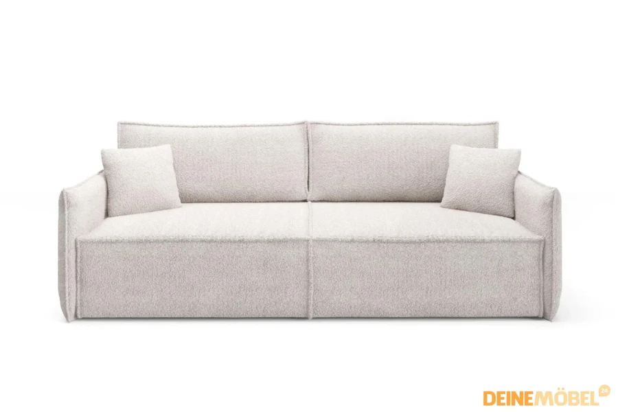 Frontansicht des beigen Bouclé-Sofas LILA mit zwei Dekokissen.