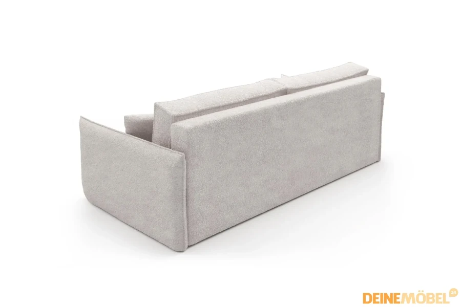 Rückansicht des modernen Sofas LILA in beigem Bouclé-Textil.