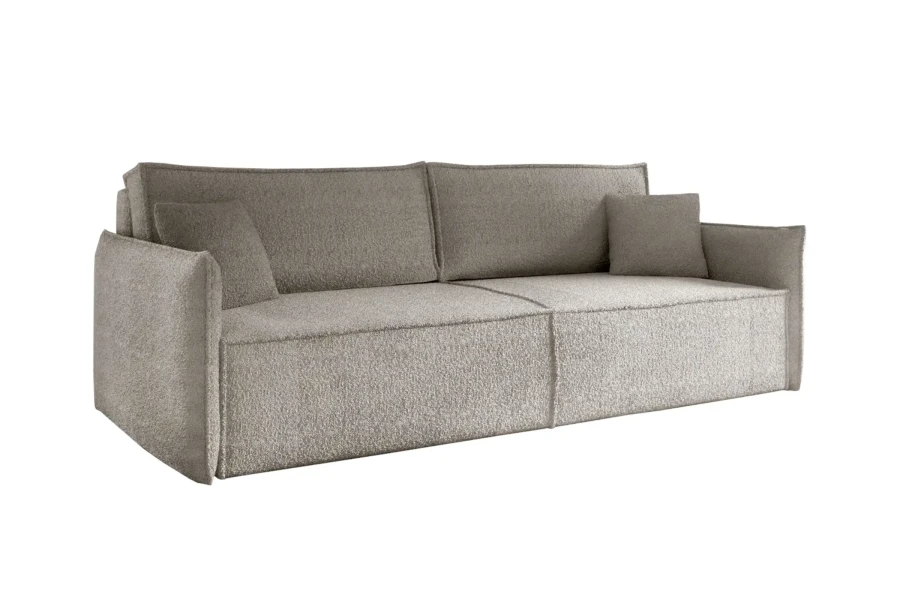 3-Sitzer Schlafsofa in dunklem Beige mit Bouclé-Bezug und weichen Kissen.
