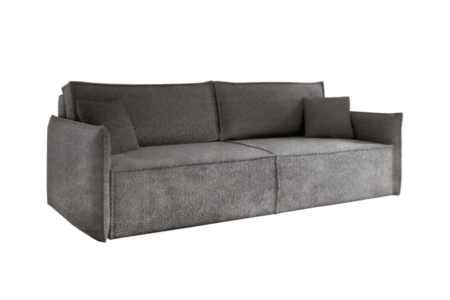 Dunkelgraues Bouclé-Sofa mit weichen Rückenkissen, modernes Design für das Wohnzimmer.