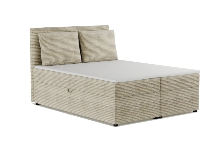 Beiges Boxspringbett aus Cord mit zwei Kissen, Seitenansicht vor weißem Hintergrund.
