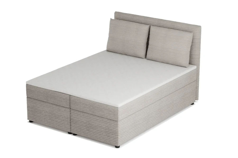 Einzelbett mit grauem Cordbezug und Stauraum in der Schrägansicht