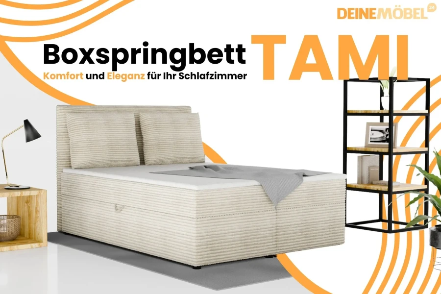 Boxspringbett TAMI in modernem Cord-Beige – Komfort und Eleganz für Ihr Schlafzimmer.