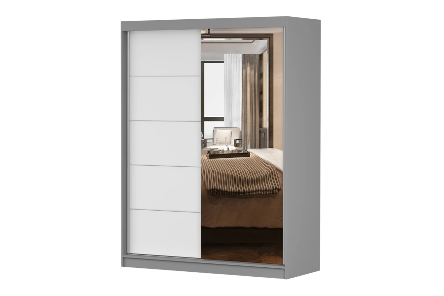 Zweitüriger Kleiderschrank mit Schwebetüren in Grau, Weiß und Spiegelelement für moderne Inneneinrichtung.