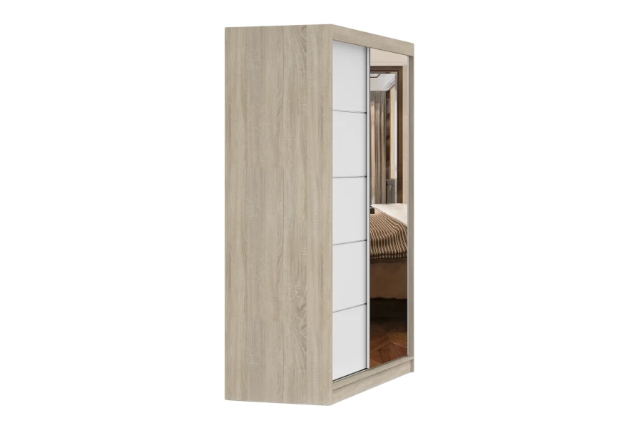 Kleiderschrank in Eiche-Optik mit weißer Schiebetür und Spiegel, Seitenansicht.