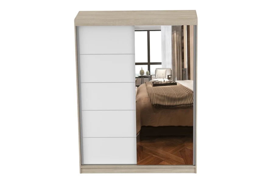 Heller Schwebetürenschrank in Eiche-Optik mit Spiegel und weißer Front.
