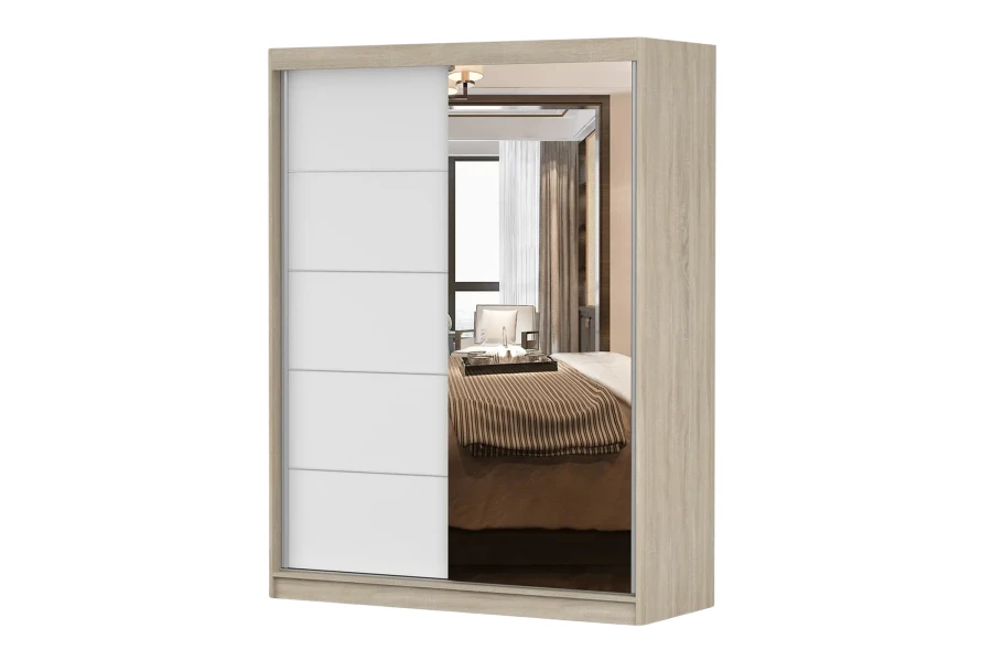 Moderner Schwebetürenschrank in Eiche-Optik mit Spiegel und weißer Front.