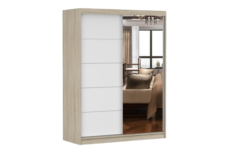 Schiebetürenschrank in Eiche und Weiß mit großem Spiegel für das Schlafzimmer.