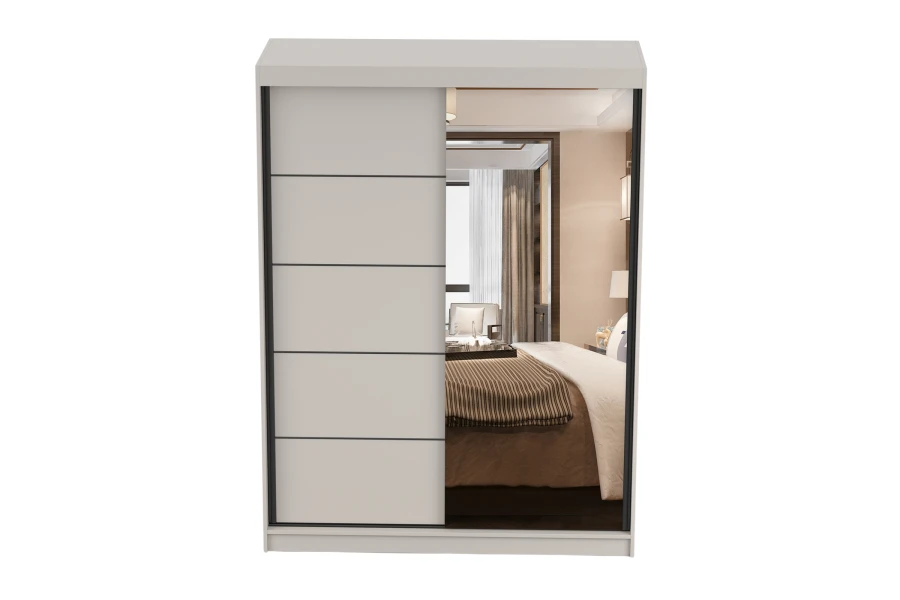 Weißer Schwebetürenschrank mit Spiegeltür und eleganten horizontalen Fräsungen.
