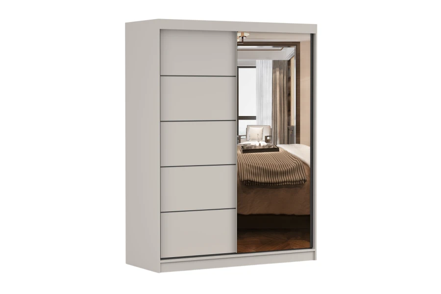 Moderner Kleiderschrank in Grau mit Schiebetüren und großem Spiegel.