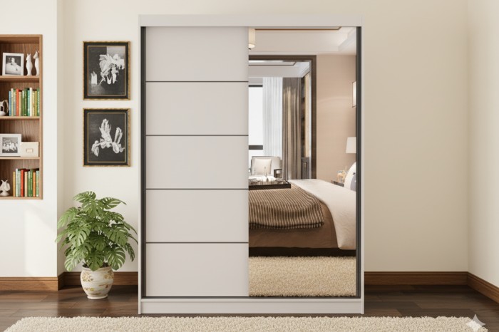Weißer Schwebetürenschrank mit großem Spiegel in einem gemütlich eingerichteten Schlafzimmer.