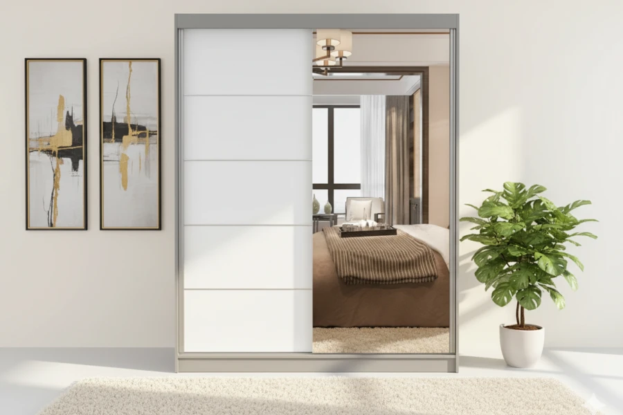 Grauer Schwebetürenschrank mit Spiegel und weißen Paneelen in modernem Schlafzimmer.