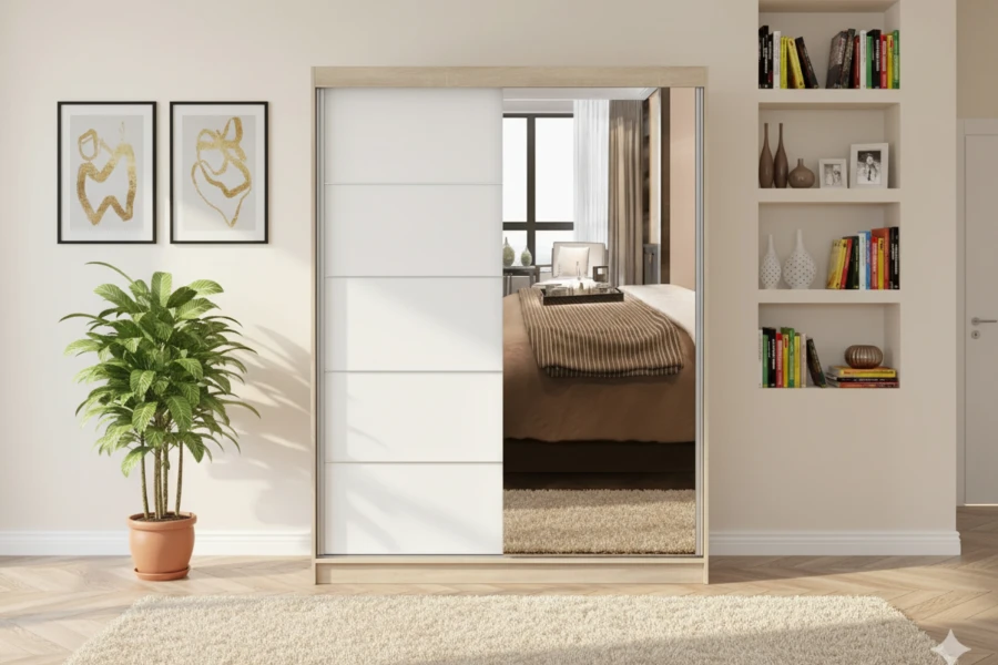 Schiebetürenschrank in Eiche-Nachbildung mit Spiegelfront und dekorativer Zimmerpflanze.